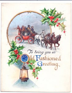Original Artwork for a Christmas Card of a Stagecoach, Lantern and Holly, Circa 1952