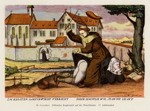 Monk disciplining a nun in the monastery garden by (after) German School