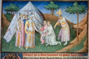 Brothers Nicolo and Matteo Polo, Father and Uncle of the Young Marco Polo, Received in the Court of the Grand Qubilai (Kubilai Khan, First Emperor of the Mongolian Yuan Dynasty). Miniature by (and workshop) Boucicaut Master