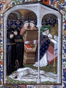Scene of funeral ceremony and macabre dance. Miniature from Book of Hours used in Paris illuminated by the Atelier du Maitre de Boucicaut, approximately 1415. Paris, B.N. by (and workshop) Boucicaut Master