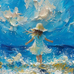 Abstract painting: cute little girl in front of a sea breeze