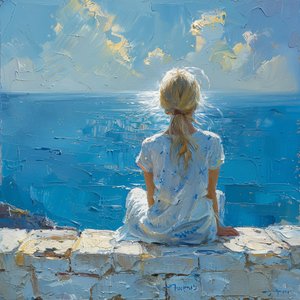 Abstract painting: young woman in a sea breeze