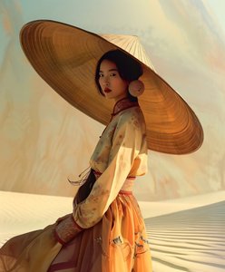 Chinese woman in a yellow kimono on a desert