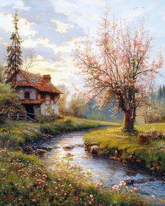 Old House & Landscape with Flowing River