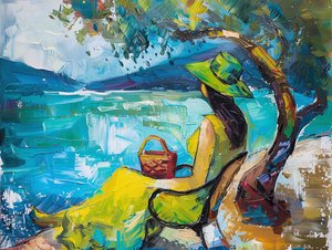 Painting of Modern Woman with Green Dress