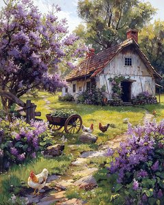 Flowers and Poultry in a Wooden Cabin Garden