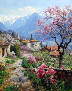 A Beautiful Village Surrounded by Flowering Plants in a Mountainous Landscape