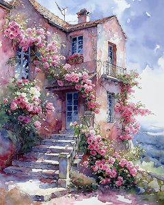 House surrounded by climbing plants with red and pink flowers