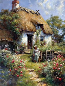 A woman sits in a garden in front of a hut in the countryside