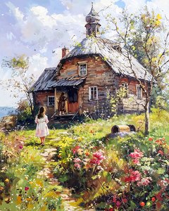 A girl and her mother in front of a wooden house
