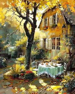 Lunch table in the garden of a house in France