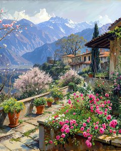 A beautiful village surrounded by spring flowers in a mountainous landscape