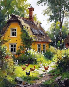 Wooden House in the Countryside with Flowering Orchards