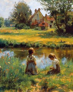 Children playing outside house in the countryside