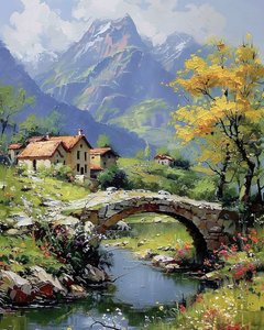A village at the foot of the mountain; And a cubic arch with a stream below