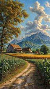 A Dirt Road Winds Through a Cornfield & Mountains