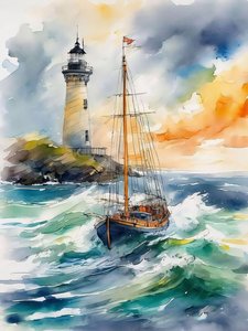 A Lighthouse, Waves & a Boat in the Sea Waves