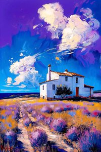Country house landscape, lavender field, blue sky and white clouds by F. Abderrahim