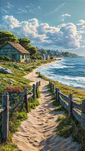Sandy path leads to a small village by the sea