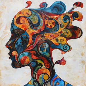 Silhouette of a Woman, Colored Hair & Swirls