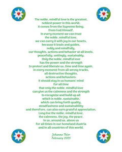 The Noble, Mindful Love Brings Us Calmness, Joy and Peace in Our Homeland Austria and in All Countries of This World by Johanna Thier