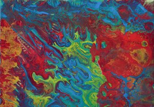 Abstract Acrylic Pour in Red, Blue, Yellow by Albert Mansour