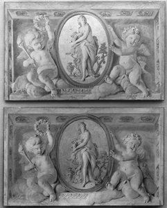 Pair of Overdoors with Diana or a Nymph in an Oval Medallion Supported by Amorini