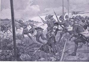 Charge of the Scots Fusiliers at Frederikstad (illustration from After Pretoria: The Guerilla War, 1902) by A. C. Ball