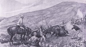 Transport difficulties at Barberton: How the guns and wagons were got up the mountains (illustration from After Pretoria: The Guerilla War, 1902) by A. C. Ball