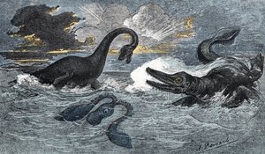 Plesiosaur and an ichthyosaur from the Lower Jurassic period by A. Demarle