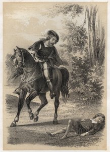 Jacques Amyot (1513-1593), rescued, at the age of 10 by a traveller. Engraving by A. Duruy in Illustrations litteraires de la France; or, Galerie anecdotique de nos principaux auteurs ints par leurs actions et leurs inscriptions by J.B. Maigrot. 1865