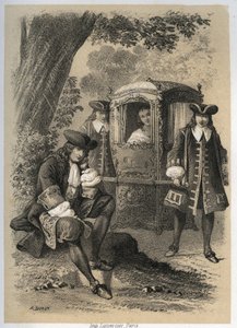 Marie Anne Mancini (1649-1714) Duchess of Bouillon going one morning to Versailles saw Jean de la Fontaine rising under a tree; in the evening she found him in the same place. Engraving by A. Duruy in Illustrations litteraires de la France