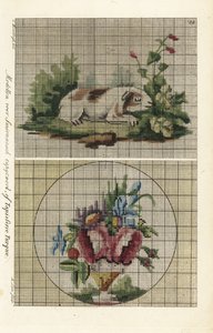 Patterns for Turkish tapestry: guinea pig in a garden and bouquet of flowers in a vase