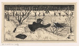 Girl Trying to Rescue Dog from Ice Hole by A. Tinbergen (signed by artist)
