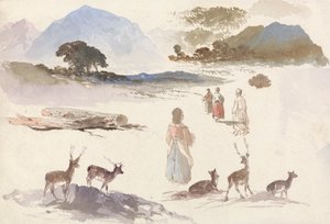 Sheet of Studies of Deer, Figures and Landscape by Aaron Edwin Penley