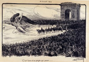 First World War: It is the soul of a passing people. Celebration of 14/07/1915. The allegory of the Republic guiding the people before the Arc de Triomphe in Paris. Drawing by Abel Truchet