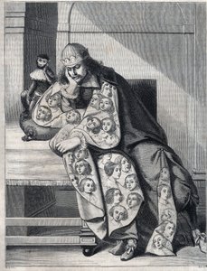 The man stuffed with malice: a man with a double coat of heads of women meditates with a monkey at his side. Reproduction of a print by Abraham Bosse