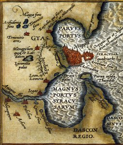The ancient port of Syracuse in Sicily after the Atlas of Abrahm Ortelius by Abraham (after) Ortelius