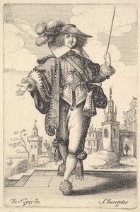 A gentleman walking forward, with his right arm outstretched and a whip in his left hand by Abraham Bosse