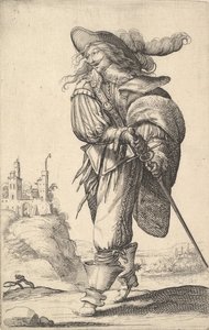 A gentleman, walking towards the left and drawing his sword from the sheath, wearing a plumed hat by Abraham Bosse