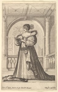 A woman standing, facing the left in profile, wearing a hat and a lace collar, ca. 1629