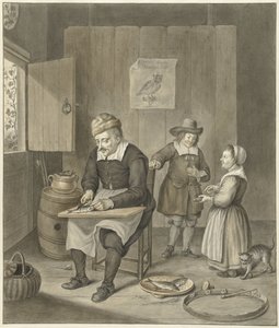 Interior with Man Cleaning Fish and Two Children by Abraham Delfos