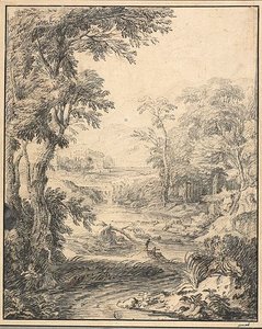 River Landscape with Two Figures in Foreground, Castle in Distance by Abraham Genoels II