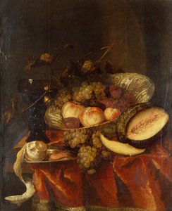 Fruit in a Wanli Craak Porcelain Bowl with a Glass, Melon and Pewter Plate