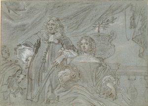 Group of a Seated Lady and a Standing Gentleman, Half Figures. In the Background a Black African and a Dog, to the Right a Balustrade by Abraham Lambertsz. van den Tempel