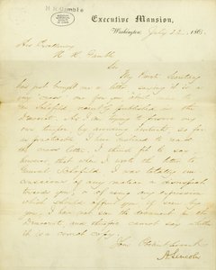 Letter signed A. Lincoln, Executive Mansion, Washington, to His Excellency, H.R. Gamble, July 23, 1863