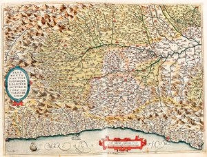 Geography Map of the Territory of Italy from Monaco in France to Genes and Passing Through the Provinces of Imperia de Savona and Genoa from Theatrum Orbis Terrarum by Abraham Ortelius by Abraham Ortelius