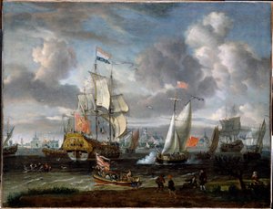 An English Yacht Saluting a Dutch Man-of-War in the Port of Rotterdam by Abraham Storck