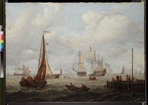 Sea-piece with a Dutch man-of-war by Abraham Storck