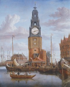 View of the Haringspacker Tower in Amsterdam, with a Working Clock-Face Set into the Painting, 1684 by Abraham Storck